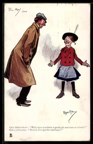Künstler-AK sign. Phil May: Mann im Mantel steht vor einem Mädchen