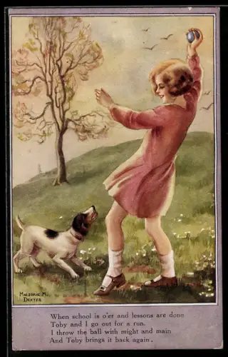 Künstler-AK sign. Marjorie M. Dexter: Kind spielt auf einer Wiese mit einem niedlichen Hund