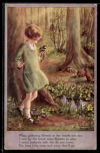 Künstler-AK sign. Marjorie M. Dexter: Junges Kind mit Blumenstrauss im Wald