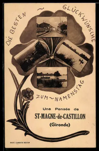 Blumengruss-AK St-Magne-de-Castillon, Panorama, Ruderpartie und Strassenpartie im Stiefmütterchen