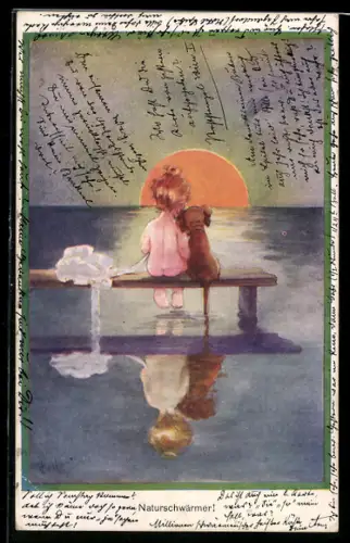 Künstler-AK T. Gilson: Naturschwärmer, Kleines Mädchen und ihr Hund betrachten den Sonnenuntergang