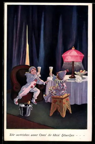 AK Harlekin Kinder, zwei Kinder stossen an