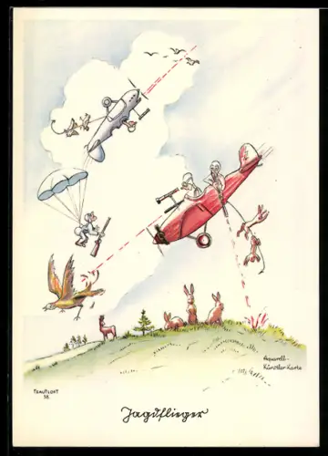 Künstler-AK Jagdflieger beim Beschiessen von Hasen
