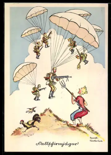 AK Fallschirmjäger mit Maschinengewehren schweben zur Erde nieder, Humorkarte
