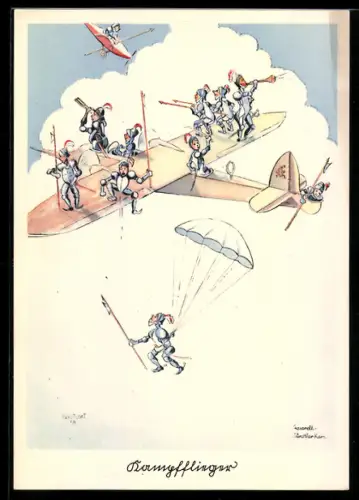 Künstler-AK Kampfflieger, Fallschirmjäger in Rüstung mit Hellebarde