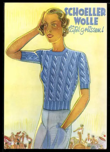 AK Reklame für Schoeller Wolle, junge Frau im Sport-Pullover