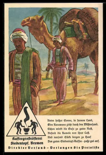 AK Bremen, Kaffeerösterei Siedentopf, zwei Männer mit Kamel, das Kaffee trägt