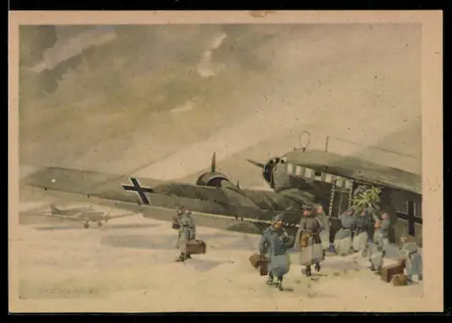Künstler-AK Fritz Brauner: Weihnachten bei der Luftwaffe, Flugzeug wird ausgeladen