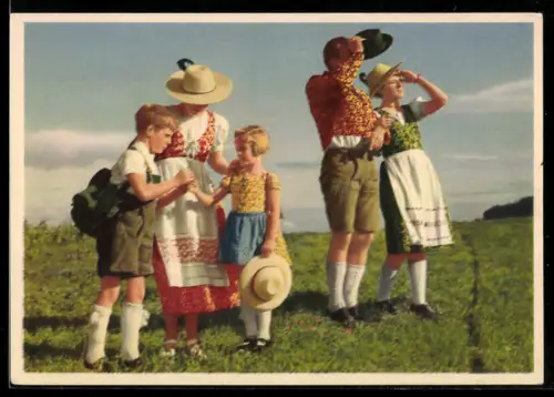 AK Indanthren-Kleidung, Bayerische Familie im Grünen