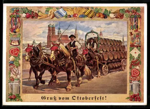Künstler-AK München, Oktoberfest, Pferdegespann mit Bierfässern