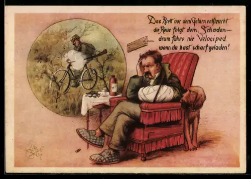 Künstler-AK Heinz Geilfus: Verletzter Jäger denkt an seinen Unfall, Spruch