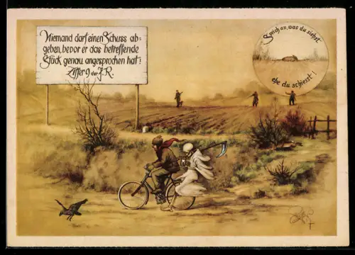 Künstler-AK Heinz Geilfus: Jägerhilfe, Der Tod fährt auf einem Fahrrad mit