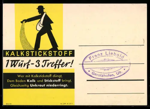 AK 1 Wurf - 3 Treffer, Bauer bei der Verstreuung von Düngemittel, Reklamekarte für Düngemittel Kalkstickstoff