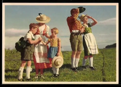 AK Indanthren-Kleidung, Bayerische Familie im Grünen