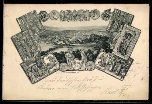 Künstler-AK Linz a. D., Totalansicht, Wappen