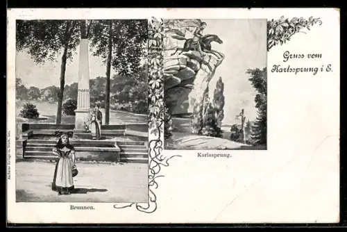 AK Karlssprung, Brunnen und der Karlssprung, Dame in Tracht