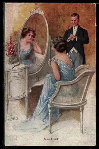 Künstler-AK Bill Fisher: Sein Glück, Paar macht sich ausgehfein