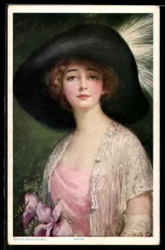 Künstler-AK sign.: W. Hasken: Ruth in rosa Bluse mit Hut und Blumen