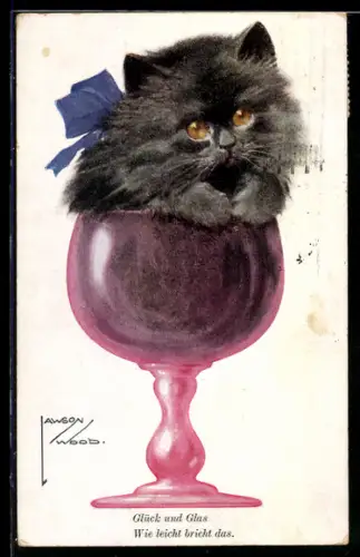 Künstler-AK Lawson Wood: Kätzchen im Weinglas