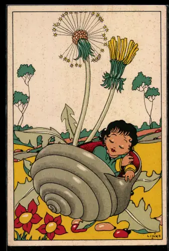 Künstler-AK Karel L. Links: Der kleine Däumling schläft im Schneckenhaus