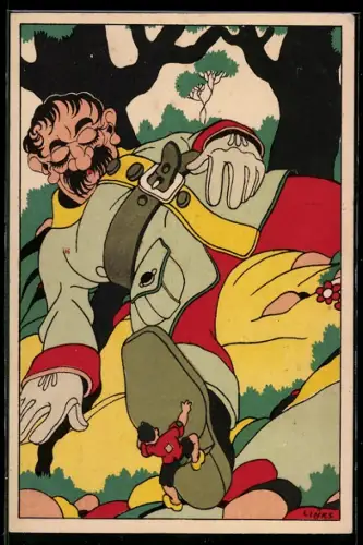 Künstler-AK Karel L.Links: Däumling und der Riese, Däumling am Schuh des Riesen