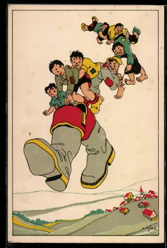 Künstler-AK Karel L.Links: Däumling, Menschen in einem übergrossen Paar Schuhe