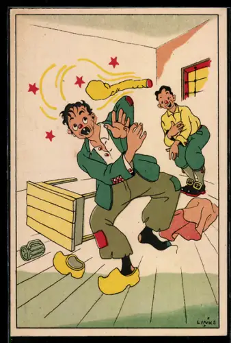 Künstler-AK Karel L.Links: Szene mit zwei randalierenden Männern