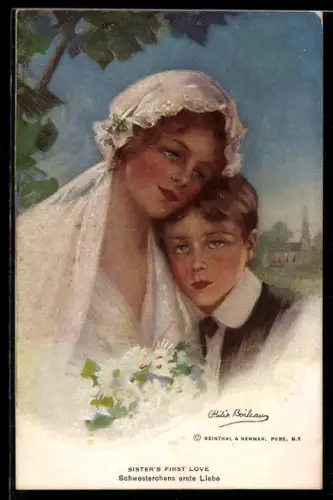 Künstler-AK Philip Boileau: Schwesterchens erste Liebe, Junge lehnt sich an die Schulter der jungen Frau