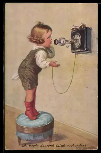 Künstler-AK Wally Fialkowska: Ich werde dauernd falsch verbunden!, Junge beschwert sich am Telefon