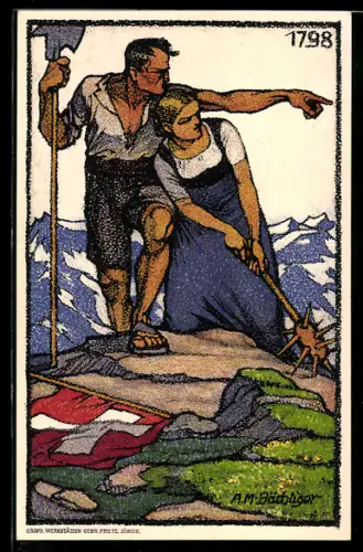 Künstler-AK Schweizer Bundesfeier 1913, Liebespaar auf einem Berg