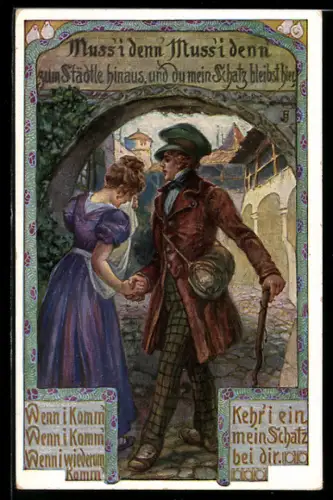 Künstler-AK Wanderer verlässt schweren Herzens seine Geliebte