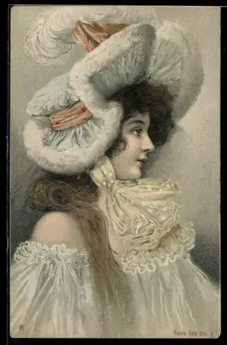 Lithographie Fräulein mit pompösem Hut