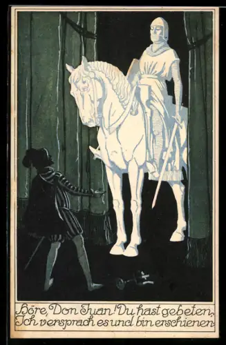 AK Wien, Mozart-Gemeinde, Komthur und Ritter Don Juan im Kettenhemd zu Pferde