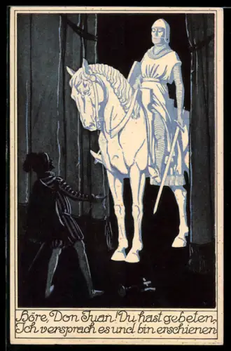 AK Wien, Mozart-Gemeinde, Komthur und Ritter Don Juan im Kettenhemd zu Pferde