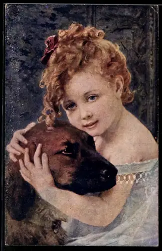 Künstler-AK Mädchen umarmt ihren Hund, Tierfreundschaft