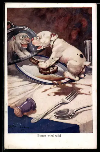 Künstler-AK George Ernest Studdy: Bonzo wird von seinem Spiegelbild bedroht