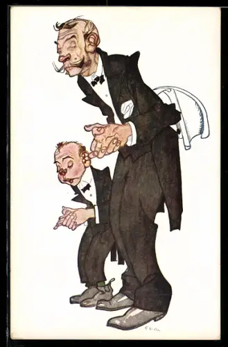 AK Karikatur, grosser & kleiner Ober machen die gleiche Geste