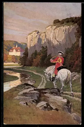 Künstler-AK P. Hey: Volksliederkarte Nr. 22, Es blies ein Jäger wohl in sein Horn, Verein für das Deutschtum im Ausland