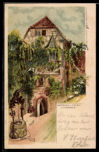 Lithographie Wartburg, Hof mit Luthererker