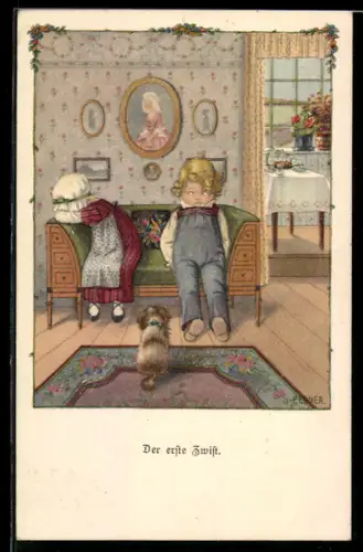 Künstler-AK Pauli Ebner: Mädchen sitzt weinend auf dem Sofa