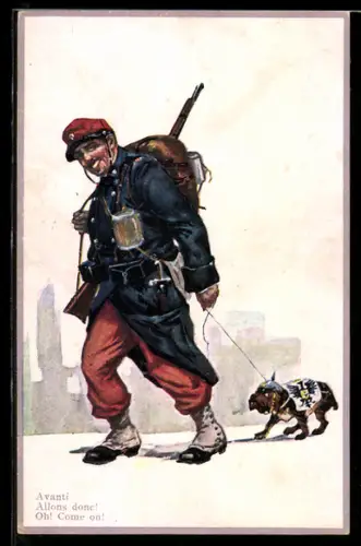 AK Avanti, Allons donc, französischer Infanterist mit Ausrüstung zieht Hund mit Pickelhaube hinter sich her