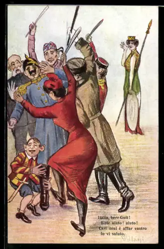 Künstler-AK Italia, herr Gott!, Volk schlägt auf Kaiser Wilhelm II. ein, Propaganda Entente
