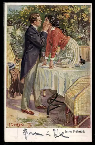 Künstler-AK Franz Doubek: Erstes Frühstück, Kuss im Freien