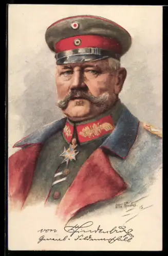 Künstler-AK Portrait Generalfeldmarschall Paul von Hindenburg in Uniform mit Mantel