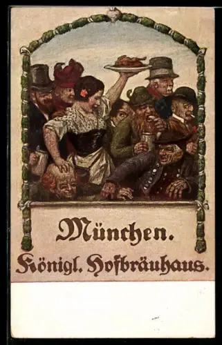 AK München, Kellnerin bahnt sich ihren Weg durch Zecher im Kgl. Hofbräuhaus