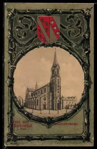 AK Marienthal i. Elsass, Blick auf die Wallfahrtskirche, Wappen