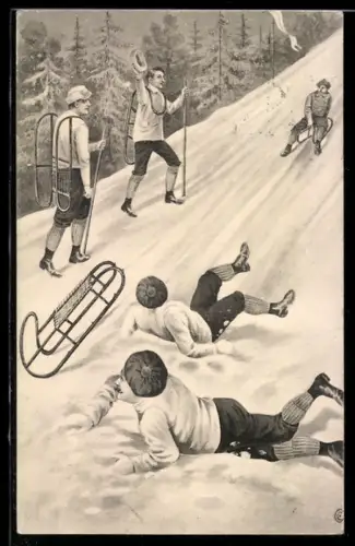 AK Männer stürzen mit ihren Schlitten den verschneiten Hang hinunter