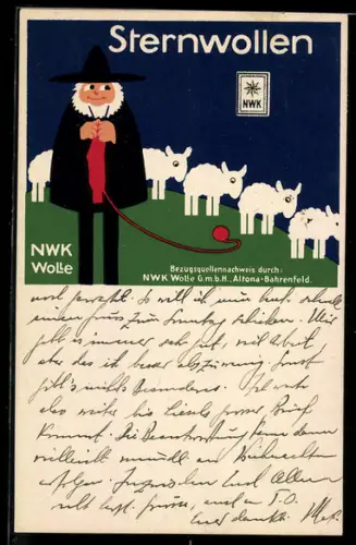 AK Reklame für Sternwollen der NWK Wolle GmbH aus Altona-Bahrenfeld, Strickender Schäfer