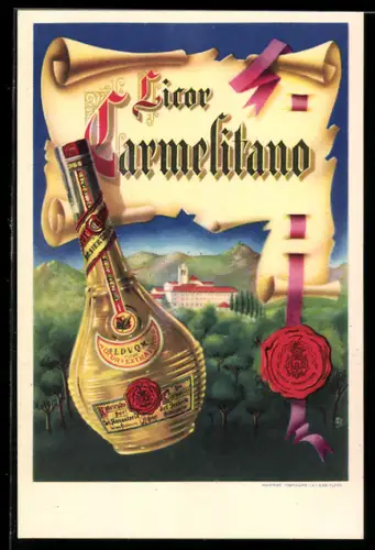 AK Reklame für Licor Carmelitano, Ortsansicht mit Flasche