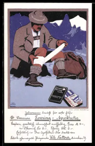 Künstler-AK Carl Kunst: Dr. Dessauers Touring-Apotheke - Mann verbindet sich eine Verletzung am Bein